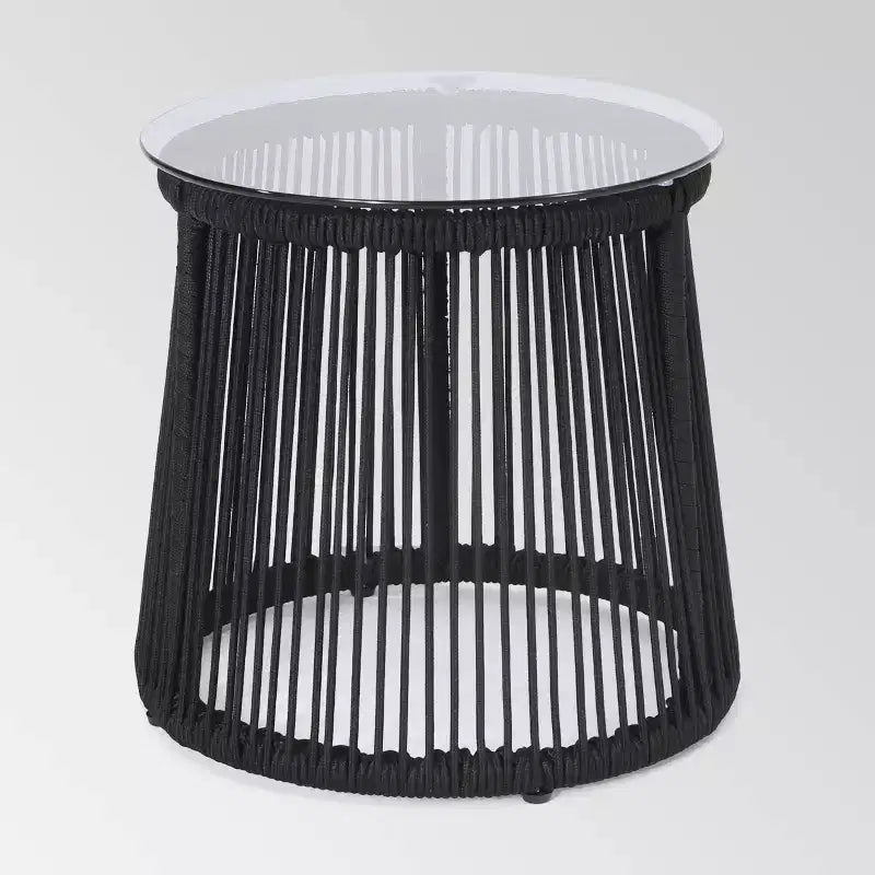 Moonstone Rope Weave Modern Side Table - Black - Christopher Knight Home: Weather-Resistant Iron Frame, Tempered Glass Top