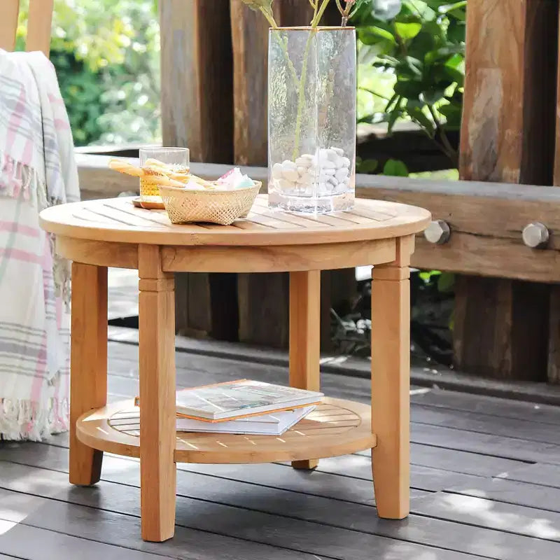 Sonoma Lane Channing Teak Outdoor Side Table – Weather-Resistant, Round Design with Shelf