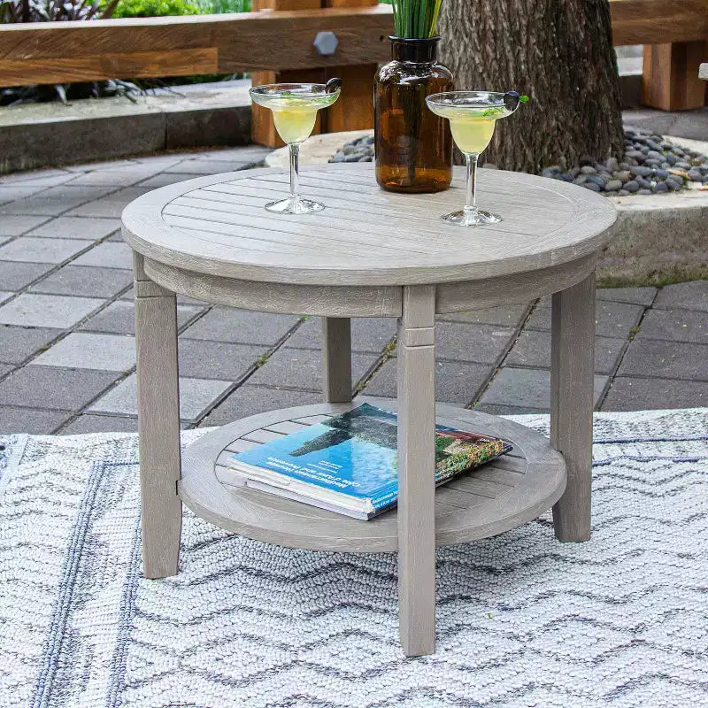 Sonoma Lane Channing Teak Outdoor Side Table with Shelf Weathered Gray – Round, Weather-Resistant Patio Accent Table