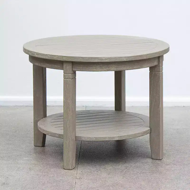 Table d'appoint d'extérieur ronde Sonoma Lane Channing en teck avec étagère, gris patiné - Table d'appoint de terrasse résistante aux intempéries