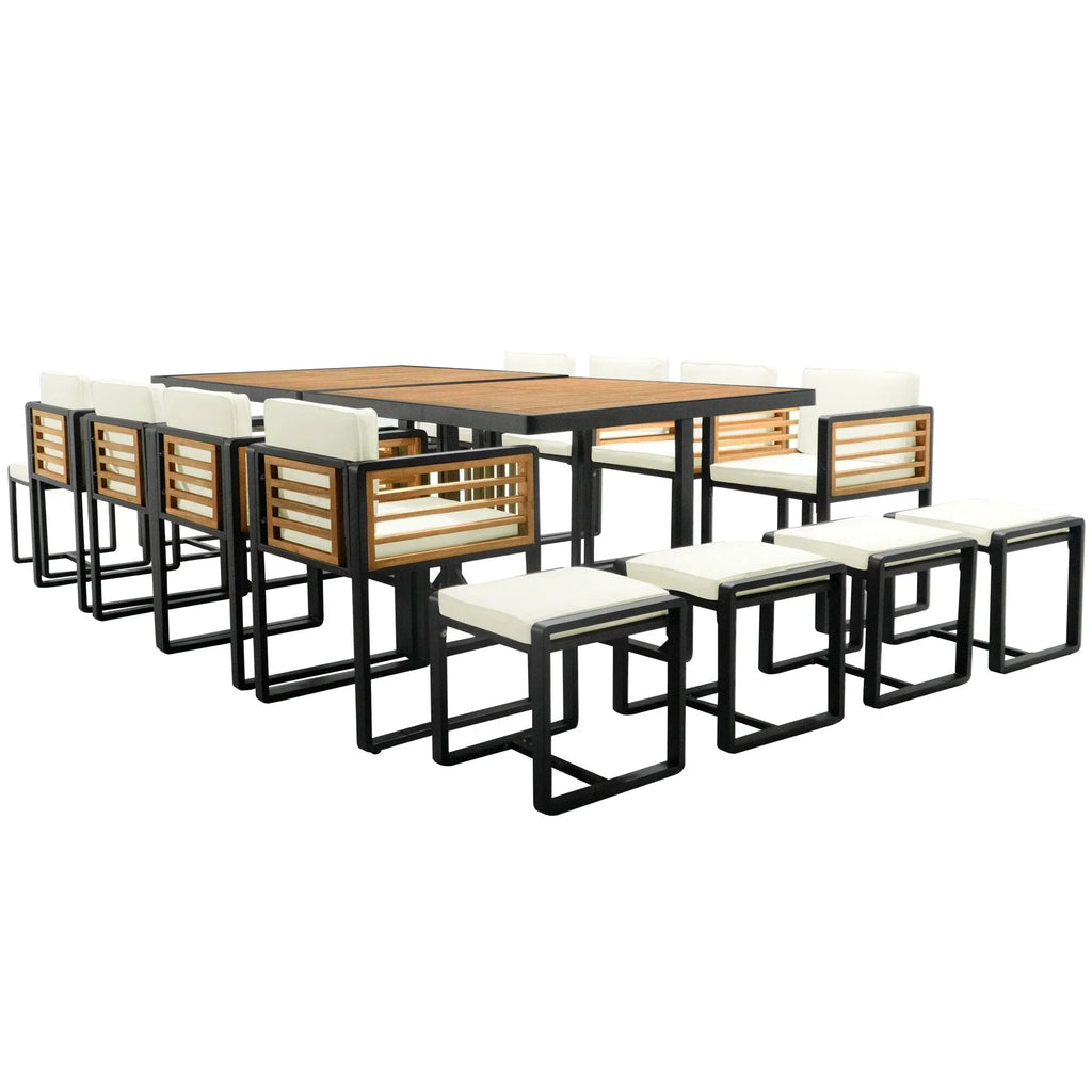 Set da pranzo da esterno in legno di acacia da 18 pezzi, 8 sedie imbottite e 8 pouf e 2 tavoli quadrati