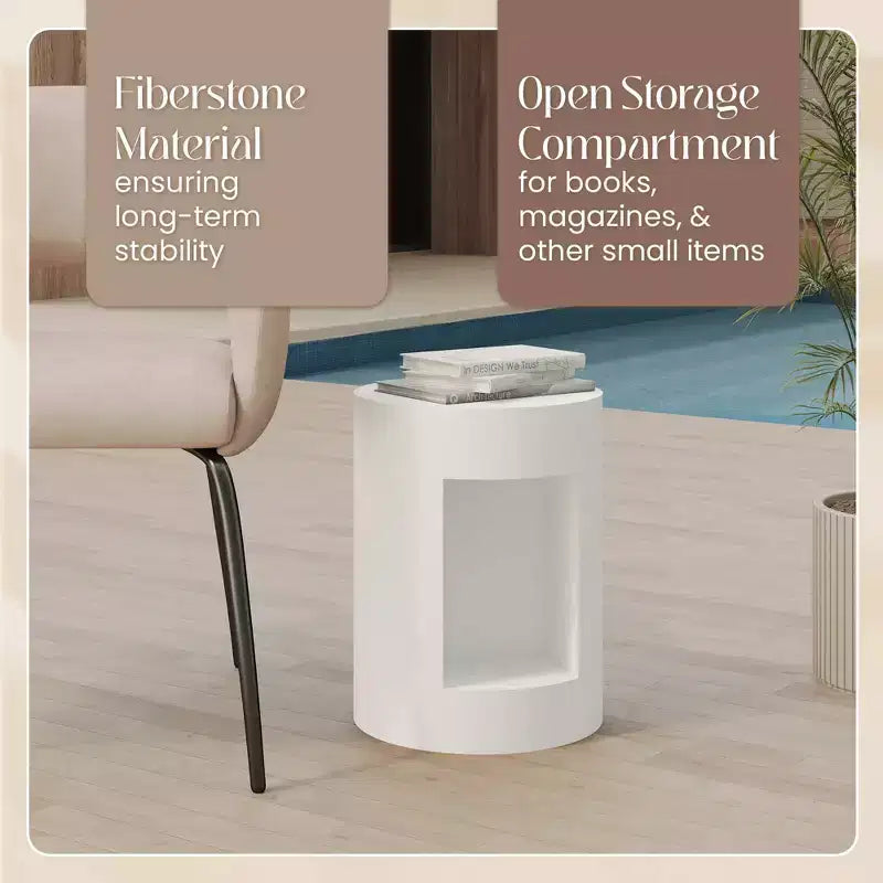 LeisureMod Tavolino rotondo, 43 cm, in Fiberstone con vano a giorno e finitura verniciata, per interni/esterni, nessun assemblaggio richiesto, Collezione Nook