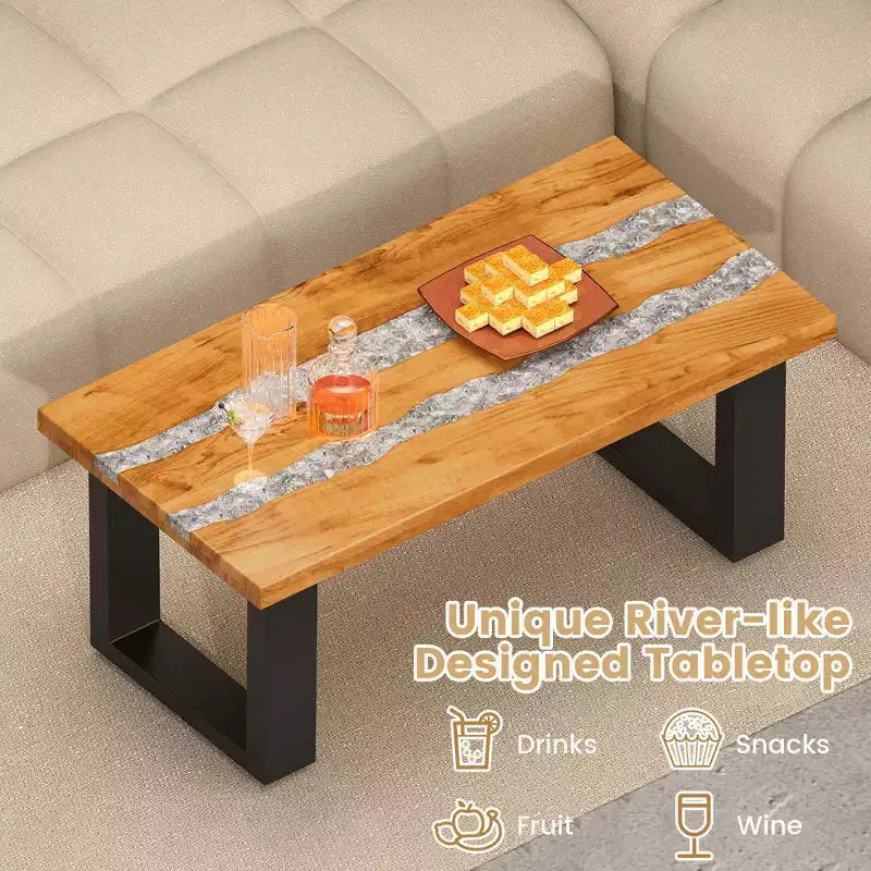 Table de patio Costway en teck avec plateau en résine époxy imitation rivière Table d'appoint intérieure/extérieure
