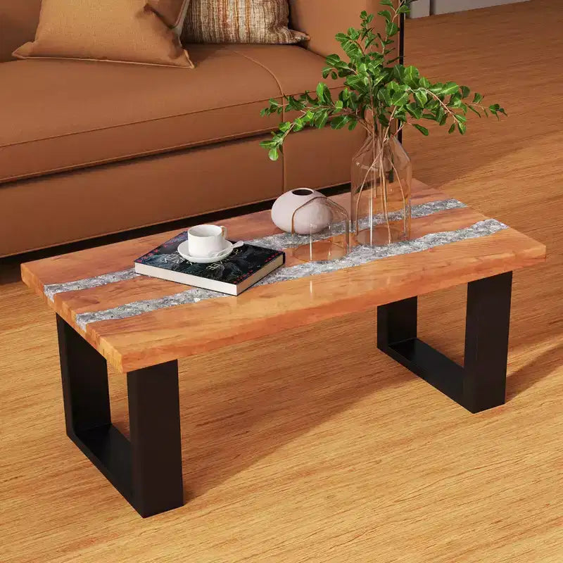 Table de patio Costway en teck avec plateau en résine époxy imitation rivière Table d'appoint intérieure/extérieure