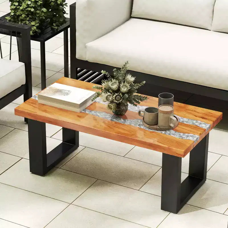 Table de patio Costway en teck avec plateau en résine époxy imitation rivière Table d'appoint intérieure/extérieure