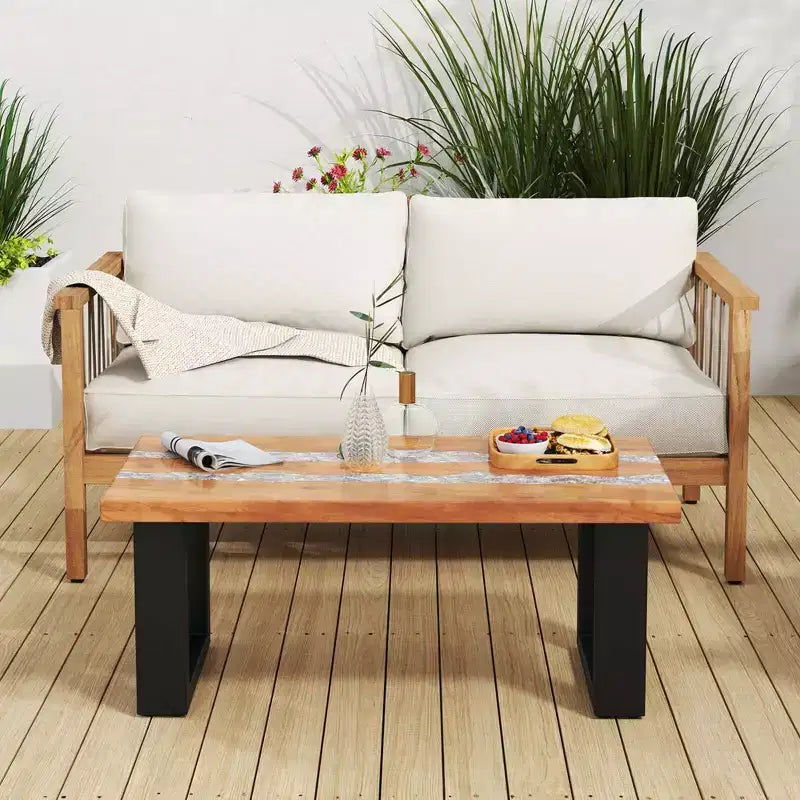 Table de patio Costway en teck avec plateau en résine époxy imitation rivière Table d'appoint intérieure/extérieure
