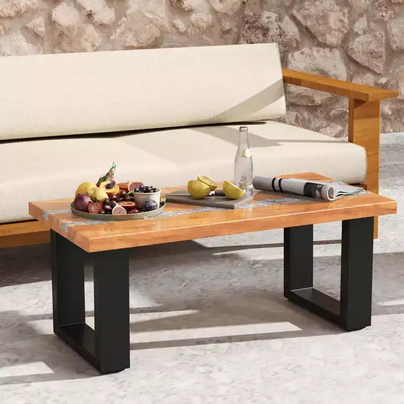 Table de patio Costway en teck avec plateau en résine époxy imitation rivière Table d'appoint intérieure/extérieure
