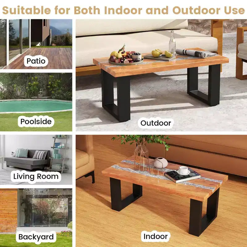 Table de patio Costway en teck avec plateau en résine époxy imitation rivière Table d'appoint intérieure/extérieure