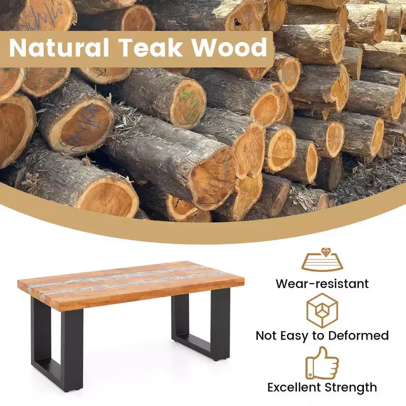 Table de patio Costway en teck avec plateau en résine époxy imitation rivière Table d'appoint intérieure/extérieure