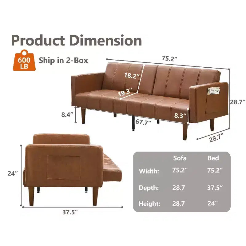 75 Divano letto futon, divano futon moderno di metà secolo, divano letto convertibile con schienale regolabile, divano in pelle PU per soggiorno, marrone