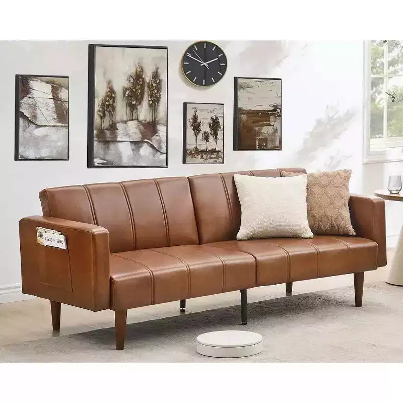 75 Divano letto futon, divano futon moderno di metà secolo, divano letto convertibile con schienale regolabile, divano in pelle PU per soggiorno, marrone
