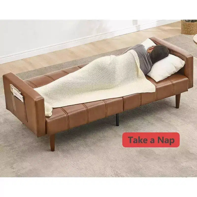 75 Divano letto futon, divano futon moderno di metà secolo, divano letto convertibile con schienale regolabile, divano in pelle PU per soggiorno, marrone