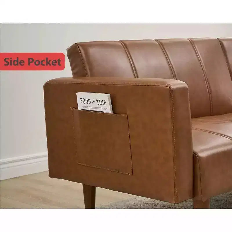 75 Divano letto futon, divano futon moderno di metà secolo, divano letto convertibile con schienale regolabile, divano in pelle PU per soggiorno, marrone