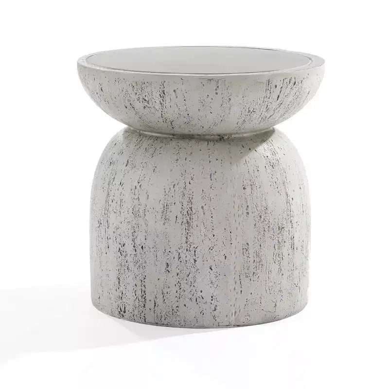 LuxenHome Outdoor Side Table, 16 Concrete End Tables for Patio,Off White and Gray Weathered Round Table,Accent Table for Indoor Outdoor