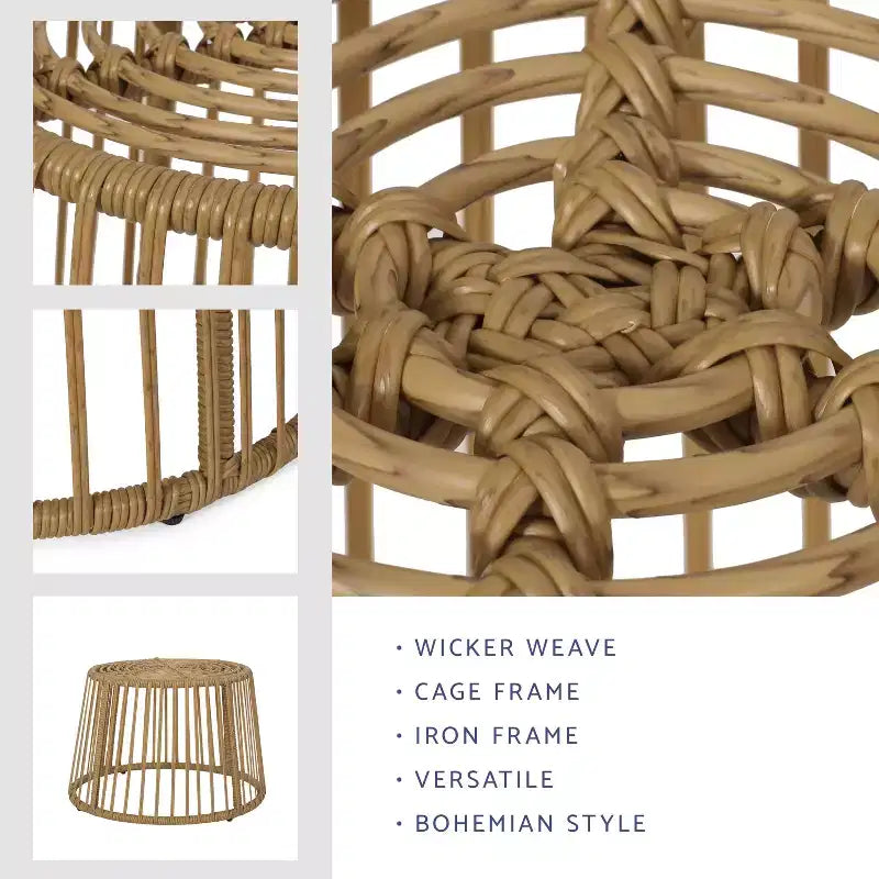 GDFStudio Apulia Table d'appoint ronde en osier et fer, brun clair