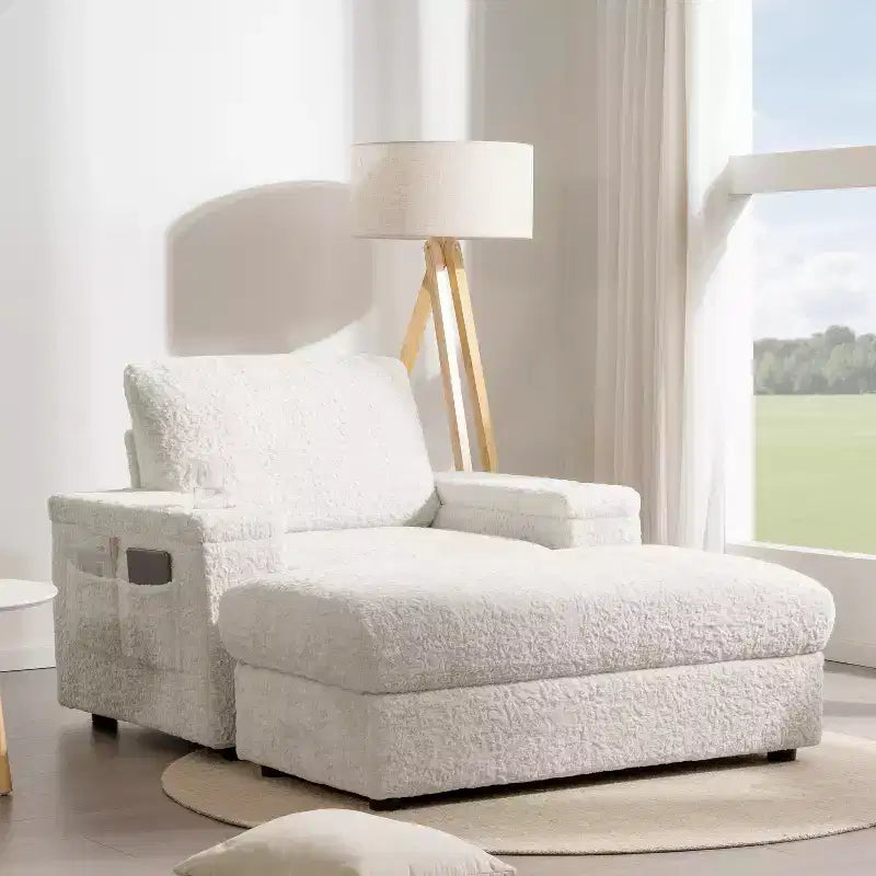 Whisen Chaise Longue Extra Large in Pelliccia Sintetica di Coniglio con Pouf Contenitore e Braccioli, Divano Letto Imbottito con Portabicchieri