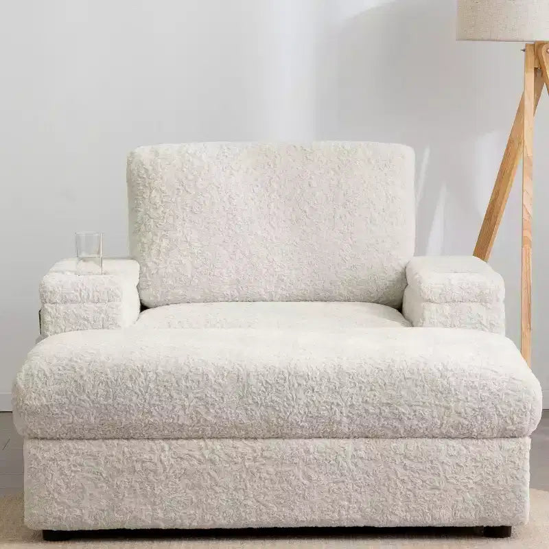 Whisen Chaise Longue Extra Large in Pelliccia Sintetica di Coniglio con Pouf Contenitore e Braccioli, Divano Letto Imbottito con Portabicchieri