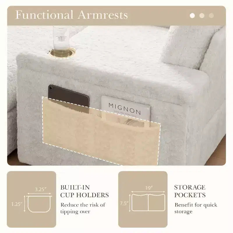 Whisen Chaise Longue Extra Large in Pelliccia Sintetica di Coniglio con Pouf Contenitore e Braccioli, Divano Letto Imbottito con Portabicchieri