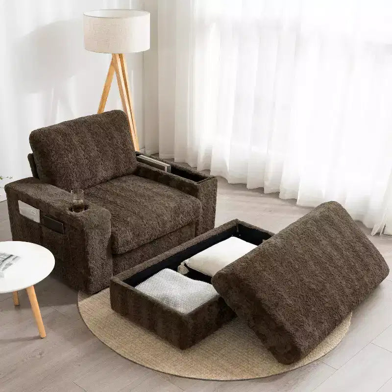 Whisen Chaise Longue Extra Large in Pelliccia Sintetica di Coniglio con Pouf Contenitore e Braccioli, Divano Letto Imbottito con Portabicchieri