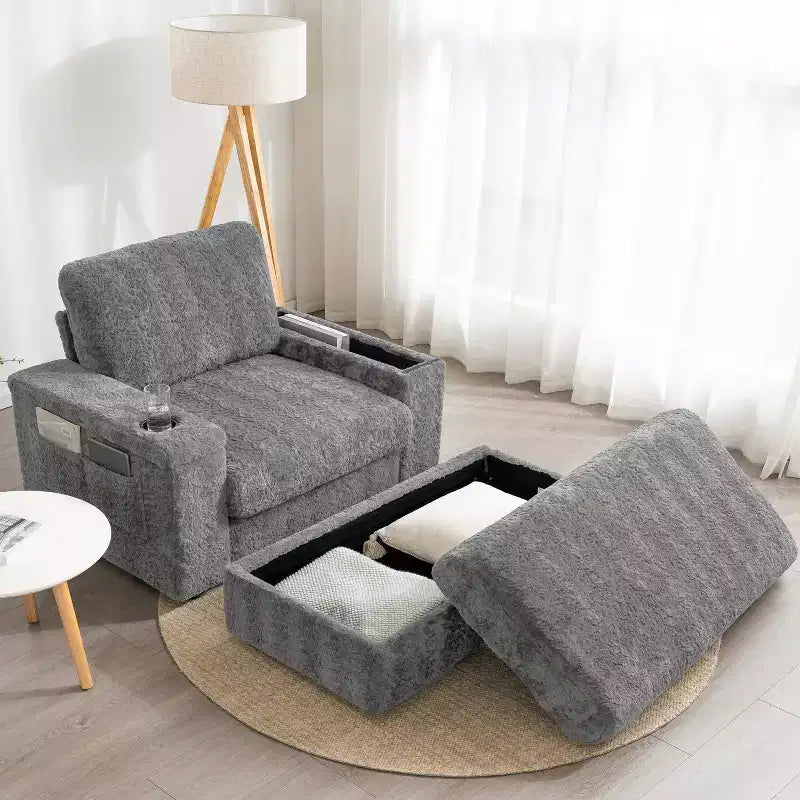 Whisen Chaise Longue Extra Large in Pelliccia Sintetica di Coniglio con Pouf Contenitore e Braccioli, Divano Letto Imbottito con Portabicchieri