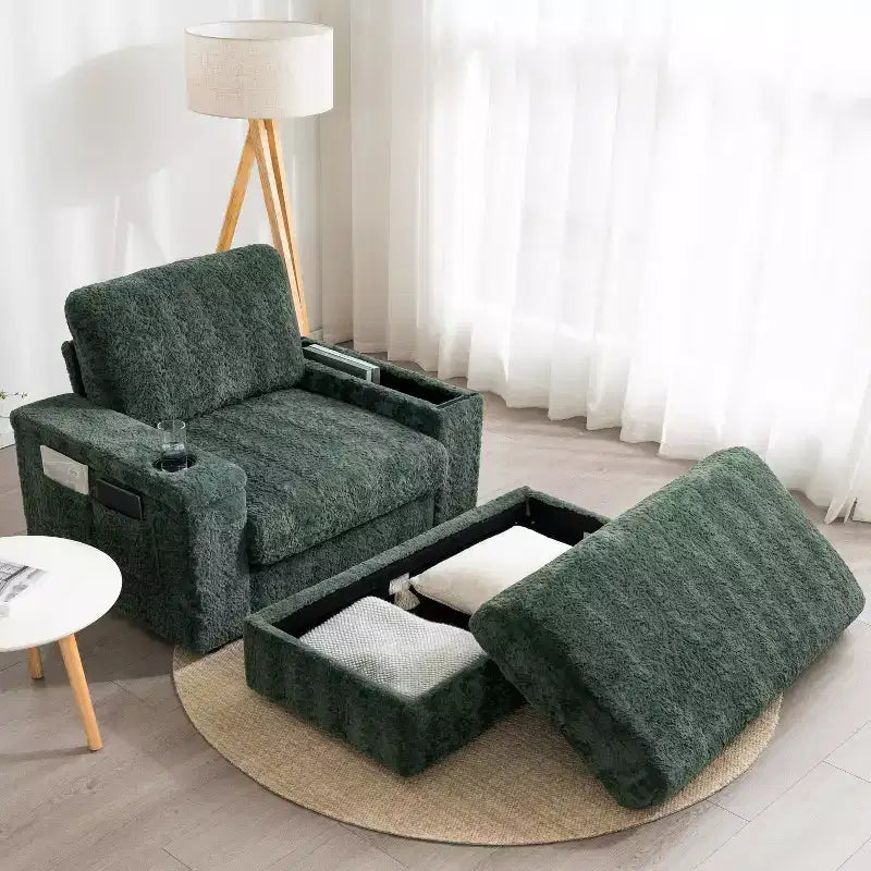 Whisen Chaise Longue Extra Large in Pelliccia Sintetica di Coniglio con Pouf Contenitore e Braccioli, Divano Letto Imbottito con Portabicchieri