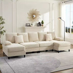 Mjkone 112 U Shaped Sectional Couches, Corduroy Sectional Sofa with Double Chaises and Sleepable Armrests, Large 4 Seater Sofa