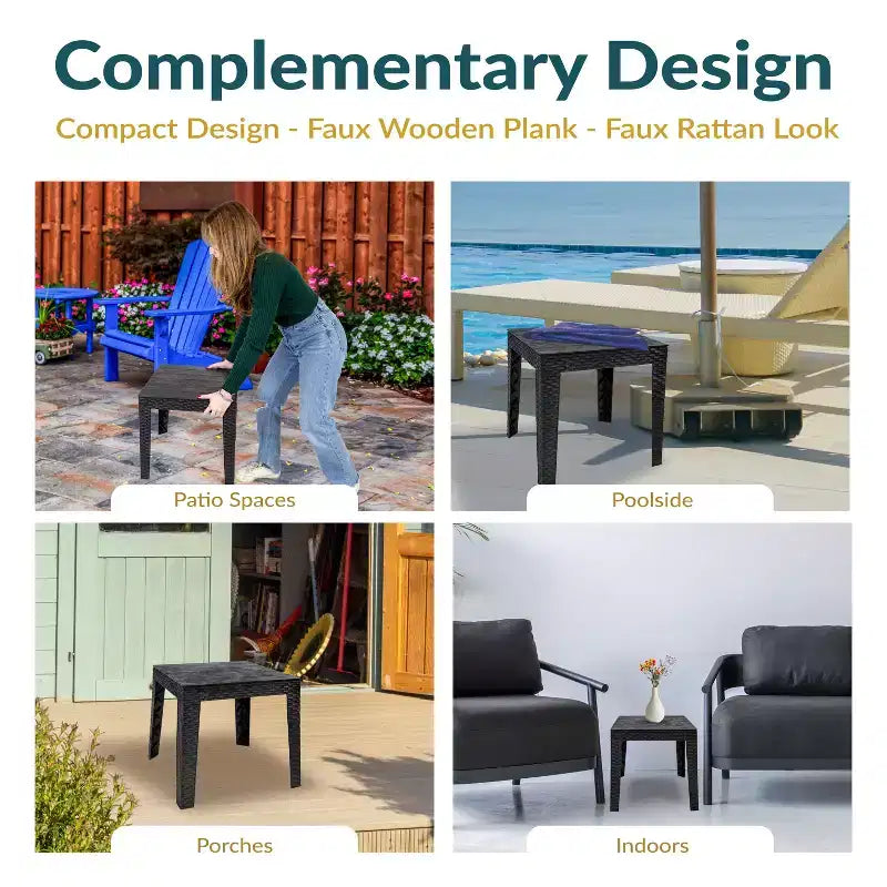 Tavolino da Esterno Sunnydaze Resistente alle Intemperie con Piano a Doghe in Finto Legno - 42 cm Quadrato - Nero