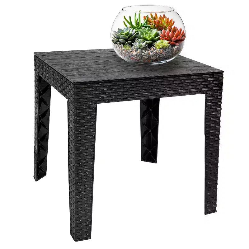 Tavolino da Esterno Sunnydaze Resistente alle Intemperie con Piano a Doghe in Finto Legno - 42 cm Quadrato - Nero