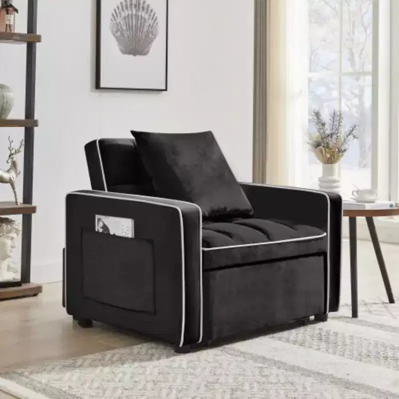 Poltrona Letto Trasformabile Moderna Nera Tre-in-uno, Design Pieghevole, Schienale Regolabile, Si Converte in Recliner o Letto Singolo per Adulti