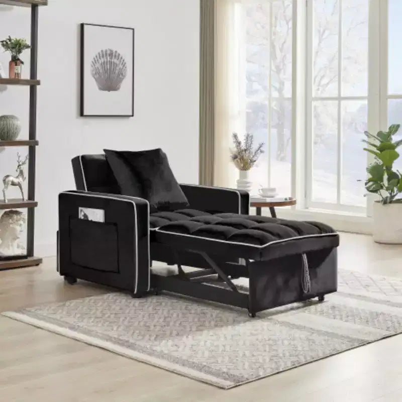 Modern Black Three-in-one Sofa Bed Chair, Folding Design, Adjustable Back, Converts to Recliner or Single Bed for Adults