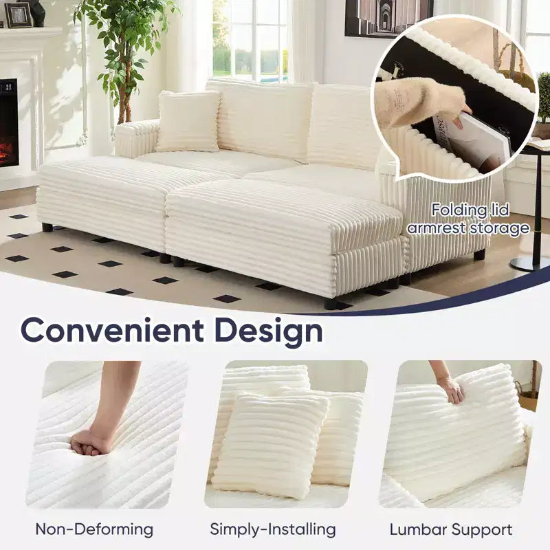 Mjkone Chaise Longue Sdraio Interna Oversize, Divano Moderno Rivestito in Velluto a Coste da 85 pollici con 2 Poggiapiedi Mobili, Comoda Sedia Divano Relax