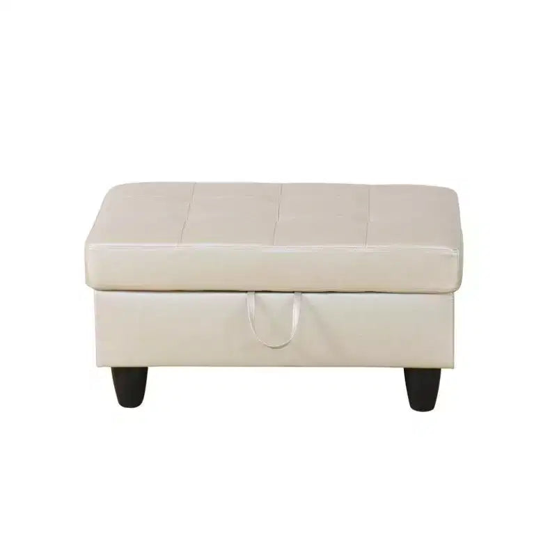Divano componibile beige in similpelle semi-PU, moderno design a L, cuscini trapuntati, pouf contenitore, arredamento versatile
