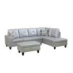 Canapé sectionnel en semi-cuir gris clair - Design moderne en L, coussins capitonnés, oreillers décoratifs, pouf de rangement
