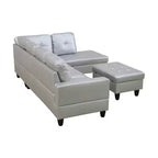 Canapé sectionnel en semi-cuir gris clair - Design moderne en L, coussins capitonnés, oreillers décoratifs, pouf de rangement