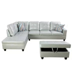 Divano componibile angolare in similpelle grigia, con rivestimento capitonné, pouf contenitore versatile, soluzione contemporanea per la zona giorno
