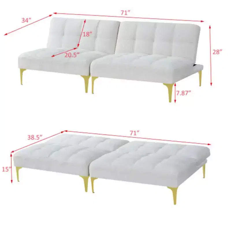 Divano Letto Convertibile Futon con Gambe in Metallo Dorato Tessuto Teddy
