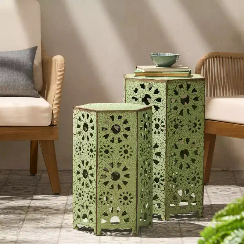 GDFStudio Elliot Outdoor Nesting Iron Side Tables with Sunburst Cutout Design (Set of 2)