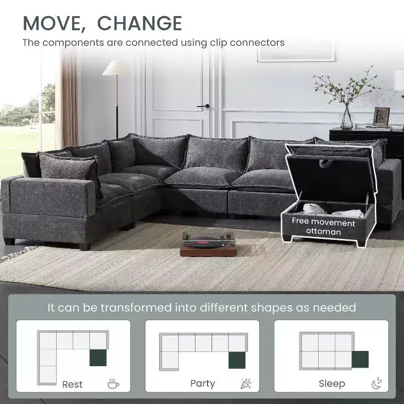 Divano sezionale modulare Whisen con pouf contenitore mobile, divano a U a 7 posti