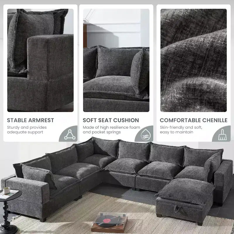 Divano sezionale modulare Whisen con pouf contenitore mobile, divano a U a 7 posti