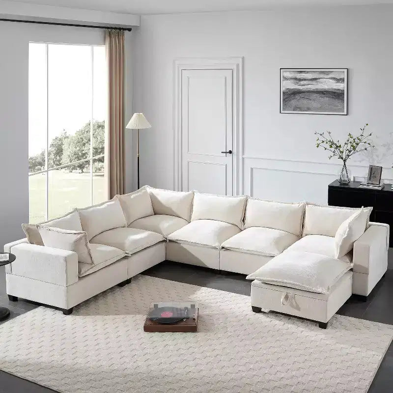 Divano sezionale modulare Whisen con pouf contenitore mobile, divano a U a 7 posti