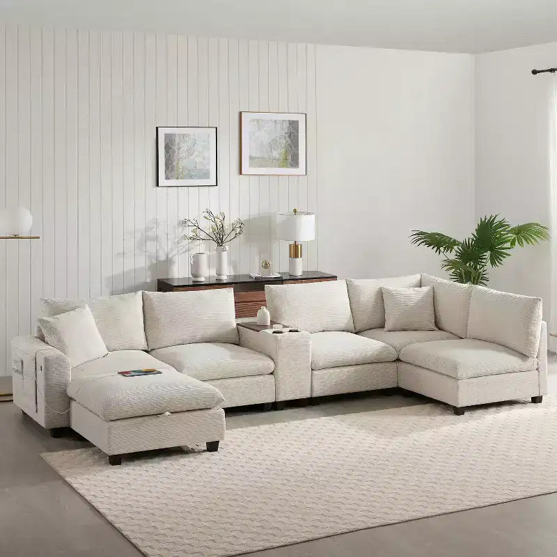 Divano componibile Whisen Modern Chenille a 4 posti con pouf, divano a nuvola a L con cuscini decorativi