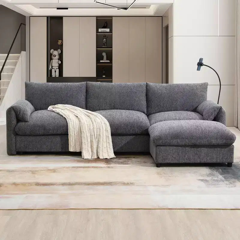 Divano componibile Whisen Oversized Chenille con pouf contenitore e tasche, porta telefono regolabile e porte di ricarica