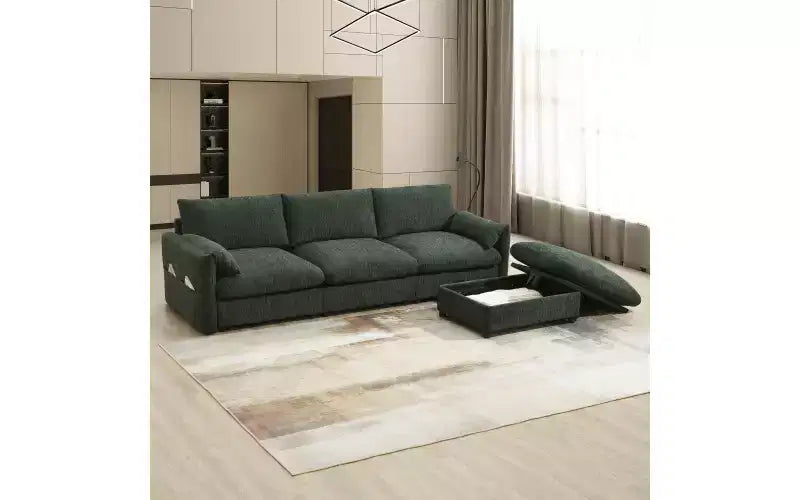 Divano componibile Whisen Oversized Chenille con pouf contenitore e tasche, porta telefono regolabile e porte di ricarica