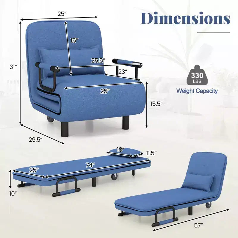Divano Letto Convertibile 3-in-1 Costway con Schienale Regolabile in 5 Posizioni e Cuscino Lombare Blu/Marrone