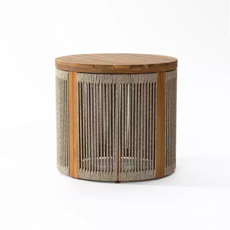 LuxenHome Outdoor Acacia Wood Rope Sides Round Drum Side and End Tables