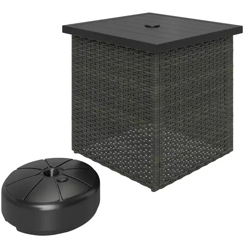 Outsunny All Weather Wicker Side Table with 1.5 Umbrella Hole, Square Outdoor End Table with UV-Resistant Frame, Storage Space for Patio, Mixed-Brown