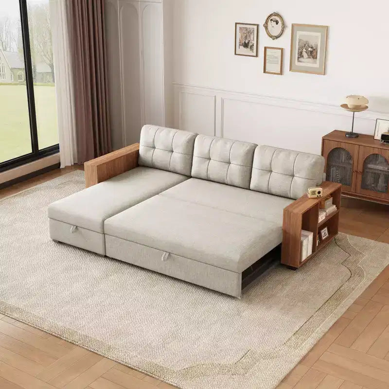 Divano letto componibile contenitore a due piazze multifunzionale GDFStudio Leila da 84 pollici rivestito in lino con ripiani integrati