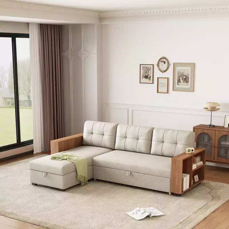 Divano letto componibile contenitore a due piazze multifunzionale GDFStudio Leila da 84 pollici rivestito in lino con ripiani integrati