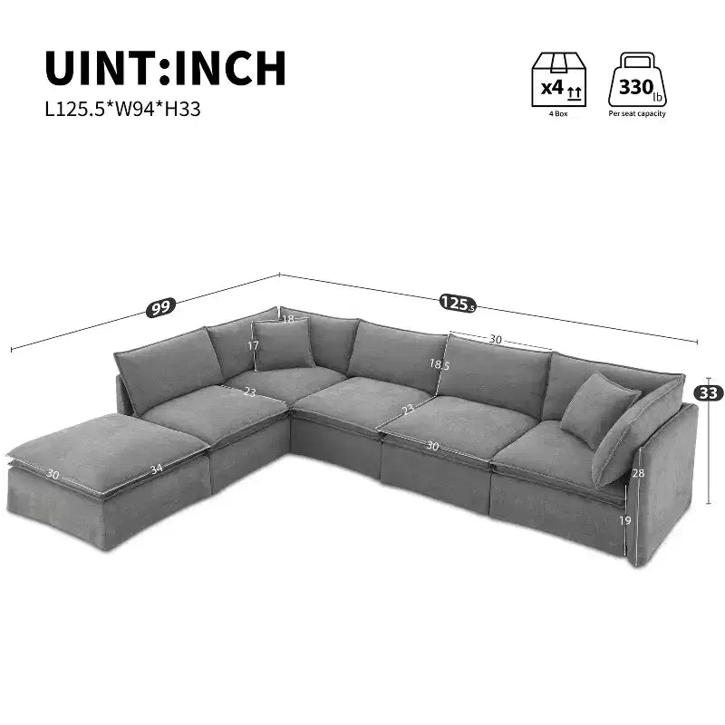 Divano componibile a 6 posti Whisen 125.5 con pouf mobile, seduta ampia, tessuto ciniglia, combinazione libera per soggiorno, appartamento
