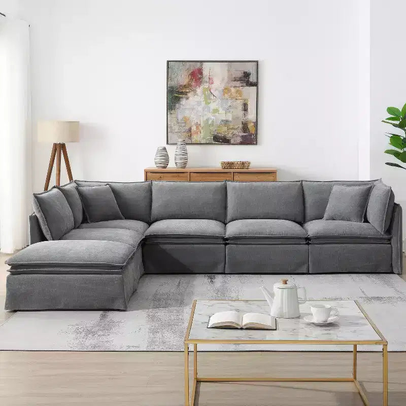 Divano componibile a 6 posti Whisen 125.5 con pouf mobile, seduta ampia, tessuto ciniglia, combinazione libera per soggiorno, appartamento